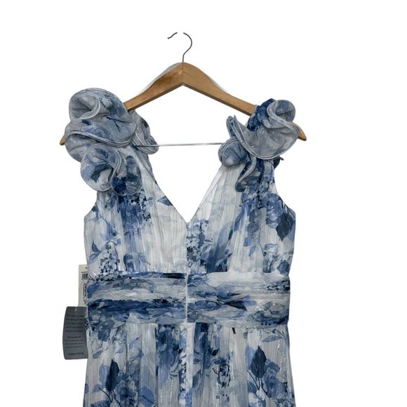 Eliza J Blue White Floral Ruffle Strap Maxi Flowy Spring Gown Prom Size 8 - Picture 12 of 15